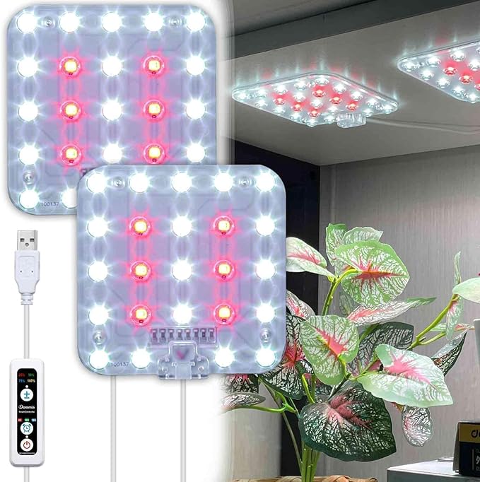 DOMMIA Full Spectrum LED Grow Light for Indoor Plants, 2 Panels 10W with 6/12/16h Timer Dimmable Plant Lights for Flower Veg Plant Growth USB, Daylight White, 1-Pack