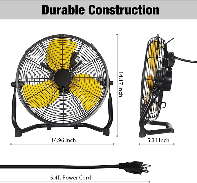 12 Inch Portable Metal Floor Fan, 3 Speed Table and Shop Fans with 180° Tilt, Quiet and Durable, High Velocity Fan 1600 CFM, Ideal for Bedroom, Garage, Workshop