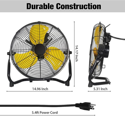 12 Inch Portable Metal Floor Fan, 3 Speed Table and Shop Fans with 180° Tilt, Quiet and Durable, High Velocity Fan 1600 CFM, Ideal for Bedroom, Garage, Workshop