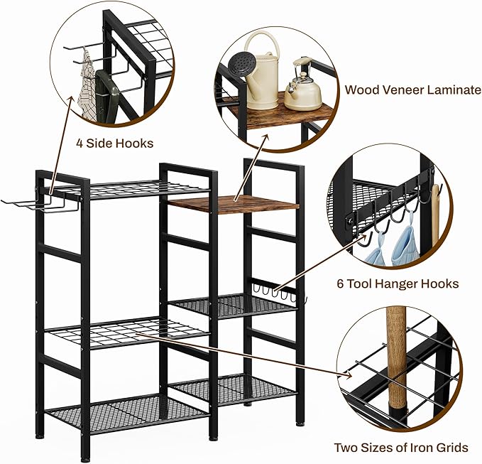 Garden Tool Organizer for Garage,3 Tier Garden Tools Rack with 8 Hooks,Up to 35 Long-Handled Tools/Rakes/Brooms, Heavy Duty Steel Garage Tool Stand for Shed, Outdoor, Black