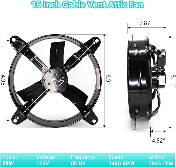 Gable Attic Fan with Thermostat, 16 inch Power Ventilation Fans for Attic Shed Garage Greenhouse Gable Mount Attic Vent Exhaust Fan 1480 RPM,2045 CFM