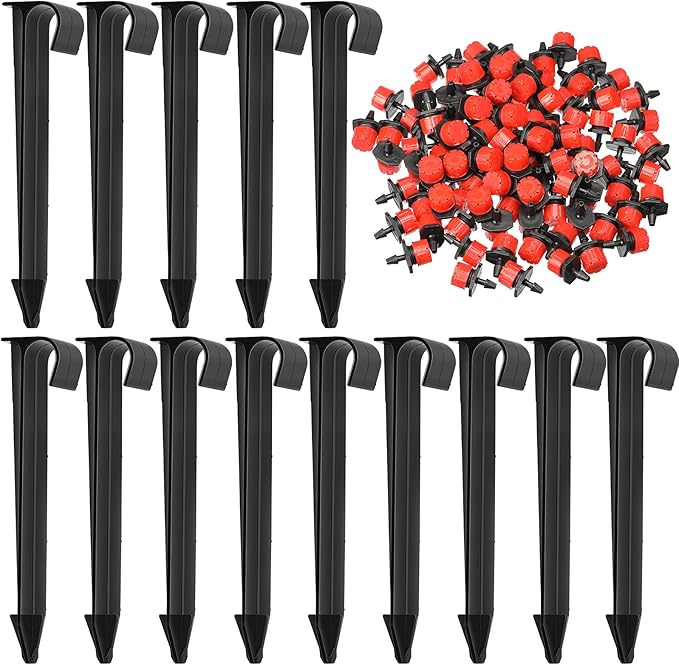 Honoson 30 Pack 1/2 Inch Irrigation Tubing Hold Down Anchor Stakes, 0.87 x 4.33 Inch Drip Tubing Stakes with 50 Pcs 1/4" Adjustable Irrigation Drippers Sprinklers for Garden Patio Lawn Hoses(Red)