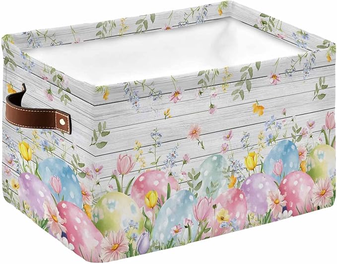 Easter Eggs Storage Bins Cubes Waterproof Cloth Storage Basket,Spring Daisy Eucalyptus Leaves Gray Wooden Foldable Storage Bags for Shelf Clothes Storages Organizers with Handles 15x11x9.5 in 1PCS