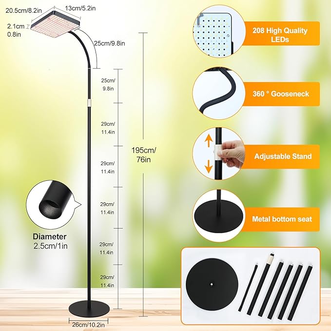 FECiDA 2026 Floor Lamp Grow Light, Grow Lights with Stable Stand Base for Indoor Plants, Bonsai Tree, 4/8/12/16/20 Hr Timer, 25 Watt Power Draw, NO Need Adapter, 40"-76" Height Adjustable