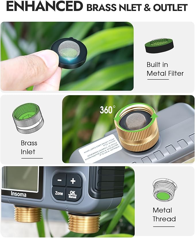 Insoma 2-Zone Sprinkler Timer Brass Inlet/Outlet, Water Hose Timer with Auto/Manual Modes + Rain Delay | Big LCD Dispay | Hose Timers for Garden, Yard Lawn, IPX5 Waterproof & Save Water