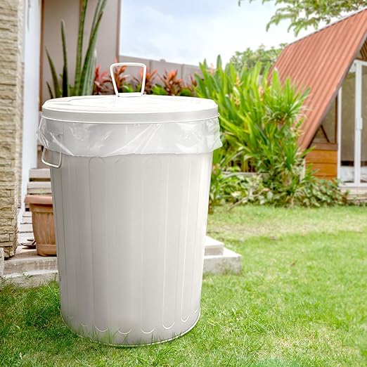 Plexon 20 Gallon Metal Trash Can with Lid Outdoor Large Trash Bin Steel Garbage Can for Garage Patio Farmhouse Bucket Bird Seed Storage Can Heavy Duty Round Container, Beige