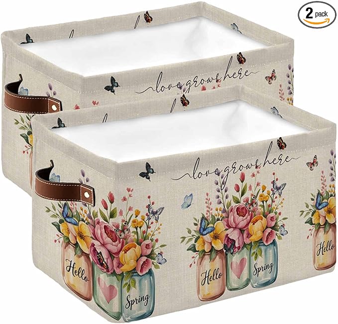 Farmhouse Flowers Storage Bins Cubes Waterproof Cloth Storage Basket,Spring Watercolor Floral Leaf on Linen Foldable Storage Bags for Shelf Clothes Storages Organizers with Handles 15x11x9.5 in 2PCS