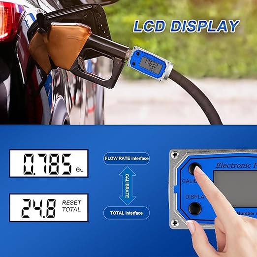 Flow Meter 3/4 Inche Digital Turbine Fuel Meter - Flowmeter Auto On & Off Industry Grade Aluminum Alloy - for Water, Diesel, Gasoline Supports Gallon, QTS, PTS, L, m³ (3/4 inch)