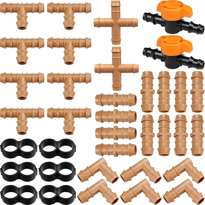 Drip Irrigation Fittings Kit for 1/2" Tubing - 36 Pieces, Including 12 Couplings, 8 Tees, 6 Elbows, 6 End Caps, 2 Cross Connectors and 2 Drip Valves