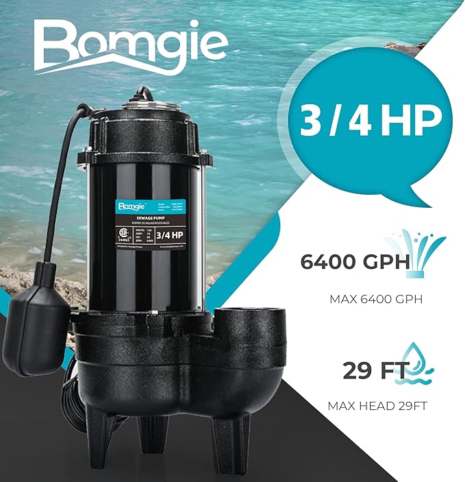 3/4 HP Sewage/Effluent Pump, 6400 GPH Submersible Basement Sewer Pump with 2'' Check Valve Connector