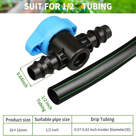 JAYEE 34 Pieces Drip Irrigation Fittings Kit (17mm) for 1/2" Tubing (.600" ID), 10 Couplings, 8 Tees, 2 Cross, 2 Valve, 6 Elbows and 6 Tubing End Closure - Barded Connectors for Sprinkler Systems