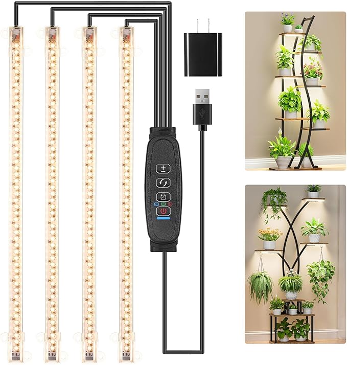 RWNTAO LED Plant Growing Lamp Strips, Full Spectrum 3500K Grow Light for Indoor Plants with 3/9/12H Timer and 10 Dimmable Levels for Green House Hydroponics Succulent, 4 Head 13 Inches