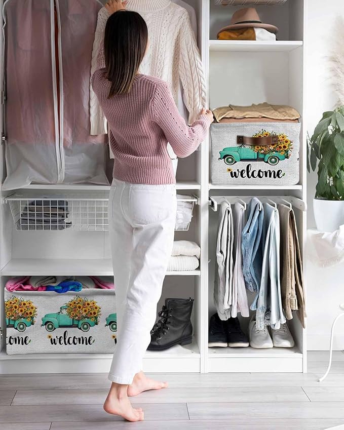 Country Sunflowers Storage Bins Cubes Waterproof Cloth Storage Basket, Welcome Rustic Truck Floral Farmhouse Foldable Storage Bags for Shelf Closet Clothes Organizers with Handles 15x11x9.5 in 2PCS