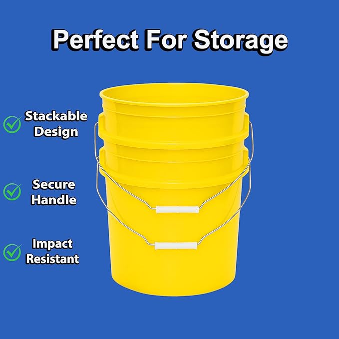MKS Plastics 5-Gallon Bucket with Airtight Lid – Made in USA, Food Grade BPA Free Plastic, Heavy Duty Multi-Use, Metal Handle with Grip, Stackable Storage – Yellow, 6 Pack