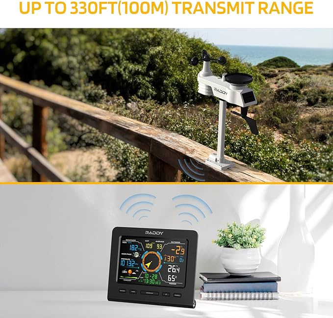 Raddy WF-100C Lite Weather Station Wireless Indoor Outdoor with Temperature, Barometric, Humidity, Wind Gauge, Rain Gauge, Weather Forecast, Moon Phase, Alarm Clock for Home, Garden