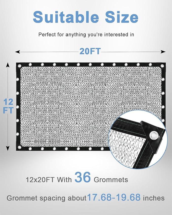 vensovo 40% Aluminum Shade Cloth - Reflective Aluminium Shade Netting Sun Shade Cover with Grommets for Cars, Dogs, Outdoor, RV, Patio (12x20FT)