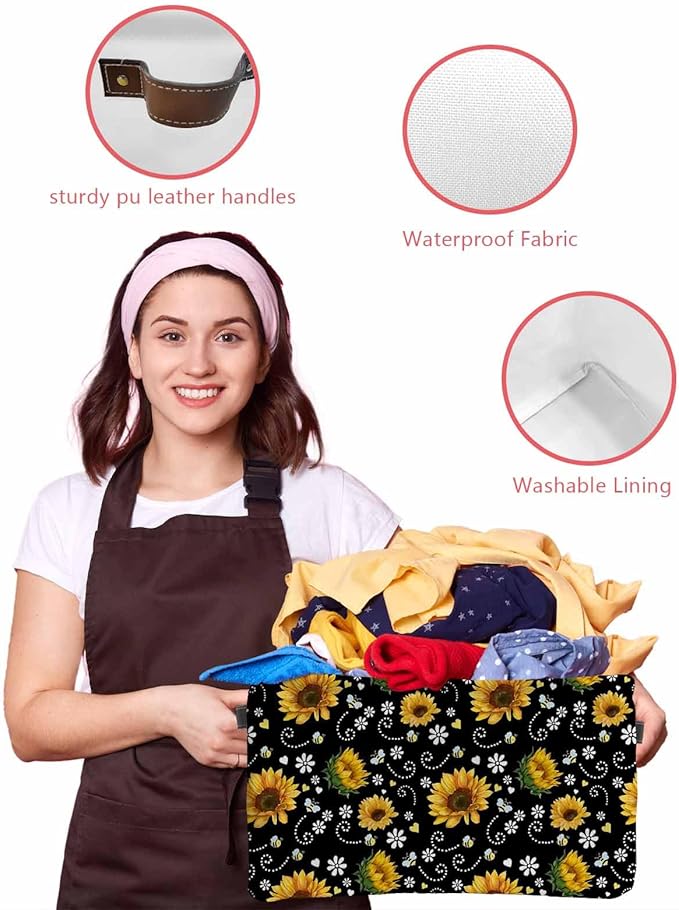 Black Yellow Sunflower Storage Bins Cubes Waterproof Cloth Storage Basket,Summer Botanical Farmhouse Floral Foldable Storage Bags for Shelf Clothes Storages Organizers with Handles 15x11x9.5 in 2PCS
