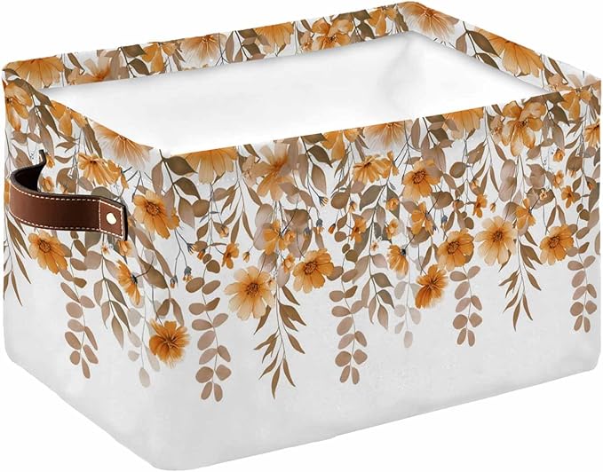 Brown Floral Storage Bins Cubes Waterproof Cloth Storage Basket, Farmhouse Spring Flowers Leaves Foldable Storage Bags for Shelf Closet Clothes Storages Organizers with Handles 15x11x9.5 in 1PCS