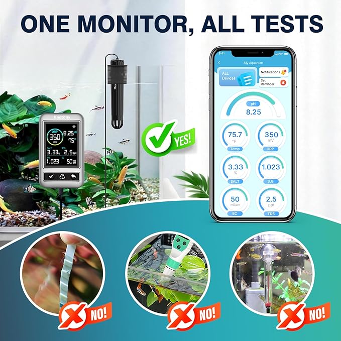 kactoily WiFi Aquarium Water Quality Monitor – 7 Parameter Digital Aquarium Water Tester for pH ORP EC TDS Salinity SG Temp, Freshwater & Saltwater Tanks