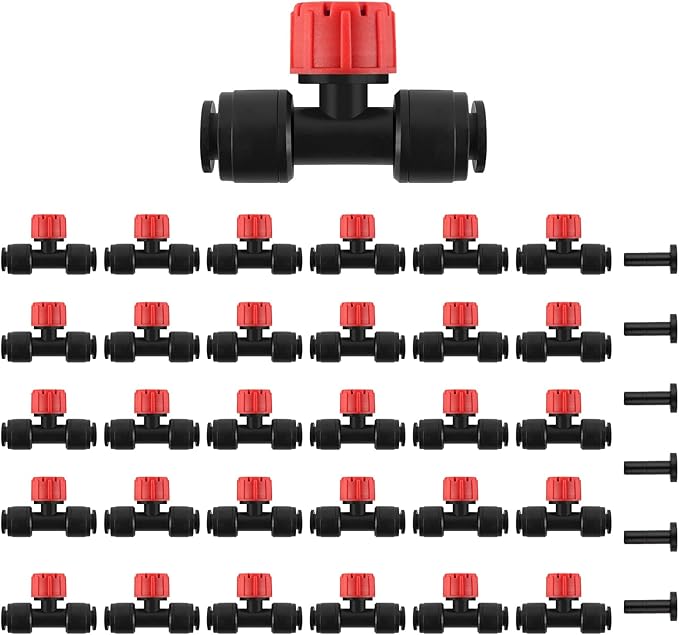 Kalolary 30Pcs Push-to-Fit Drip Irrigation Emitters for 1/4 inch Tubing, Adjustable Drip Emitter Sprayer with 8 Holes Irrigation Dripper Sprinklers with 6PCS End Plugs for Irrigation System(Red)