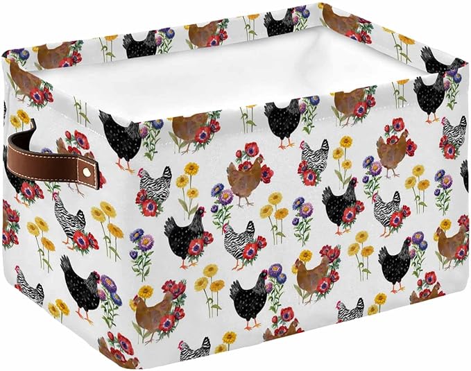 Farmhouse Rooster Storage Bins Cubes Waterproof Cloth Storage Basket,Country Watercolor Flowers Wood Grain Foldable Storage Bags for Shelf Clothes Storages Organizers with Handles 15x11x9.5 in 1PCS