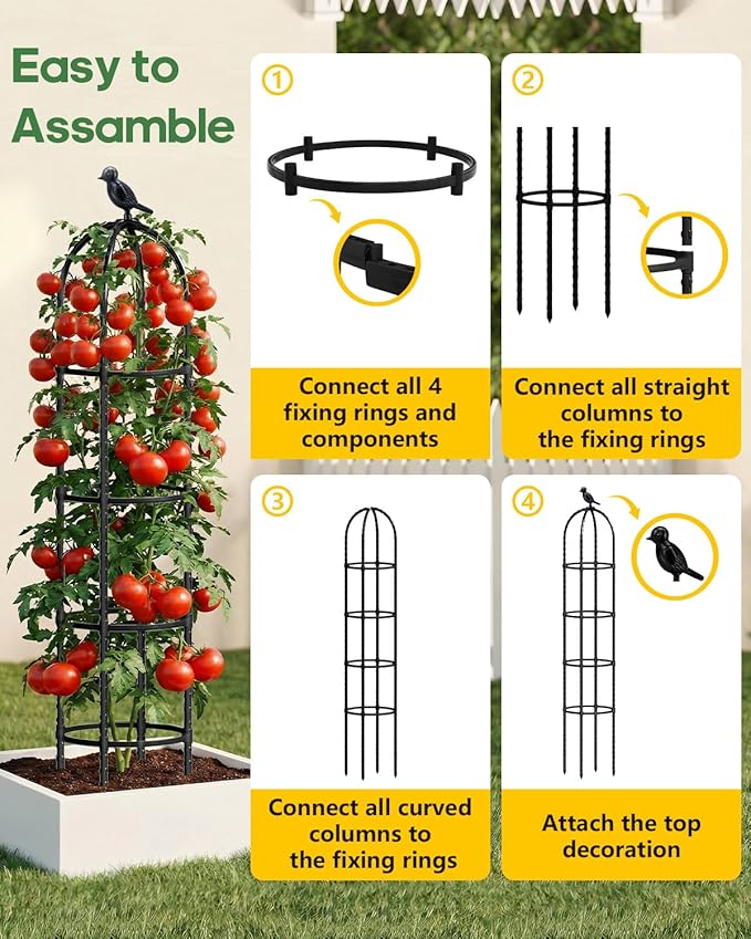 Joyhalo 2 Pack Trellis for Climbing Plants Outdoor, 6.2ft High Adjustable Garden Trellis for Flowers, Black Plastic Coated Steel Plant Stakes Use As Tomato Cage