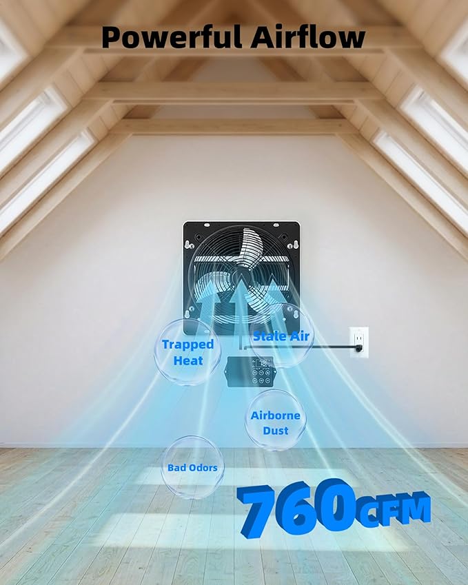 8'' Upgraded Shutter Exhaust Fan with Thermostat & Remote, 760 CFM Wall Mounted Attic Exhaust Fan, Auto On/Off by Temperature for Garage, Greenhouses, Sheds, Chicken Coops & Basement