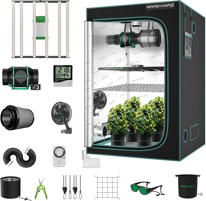 MARS HYDRO 4x4 Smart Grow Tent Kit Complete System,480W FC-E4800 APP WiFi Control Light 2646pcs LED,1680D High Reflective Mylar,with 6inch 32dB,402CFM Quiet and Energy-Efficient Ventilation System