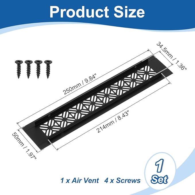 uxcell Aluminum Alloy Air Vents, 250 x 50mm / 9.8 x 2" Rectangle Louvered Ventilation Grille Cover with Mounting Screws for Door Cabinet Wardrobe, Matt Black