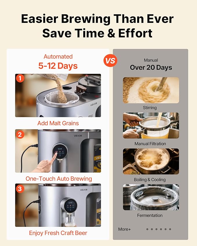 VEVOR Automatic Home Beer Brewer, 1500W Electric Beer Brewing Machine, 3.43 Gal All-in-One Home Brewer with Mash Boil Device, 304 Stainless Steel Internal Tank, Auto Temperature & Pressure Control