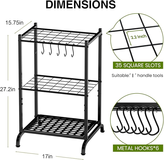 RANXFLOAT Garden Tool Organizer with Storage Hooks, Yard Tool Tower Rack for Garage Organization and Storage, Up to 35 Long-Handled Tools, Metal Tool Holder with 6 Hooks, Black