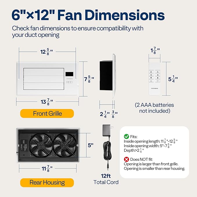 VIVOHOME Register Booster Fan - 6'' x 12'' Opening with Adjustable Louver - Smart Thermostat & 10-Speed Remote Control - AC Vent Fan for Floor, Ceiling, Wall - Quiet Operation (White)