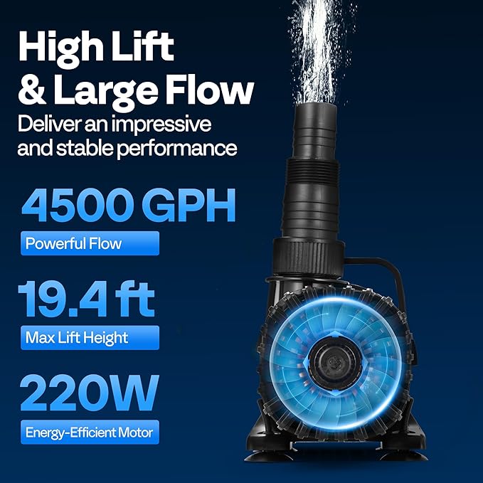 VIVOHOME 220W 4500GPH Submersible Water Pump with 180° Adjustable Water Outlet, 19.4ft High Lift for Waterfall Fountains Fish Tank Pond