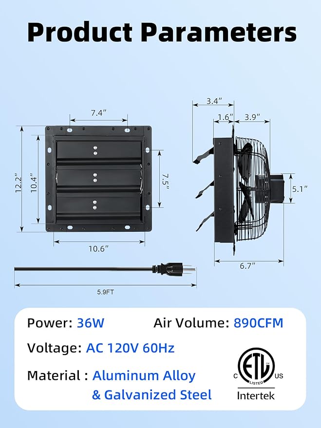10 Inch Shutter Exhaust Fan, 890 CFM High-Speed Wall Mounted Exhaust Fan, 45dB Quiet Cooling Ventilation Attic Fan for Shed, Garage, Greenhouse, Basement, Chicken Coop, Generator Room, Black