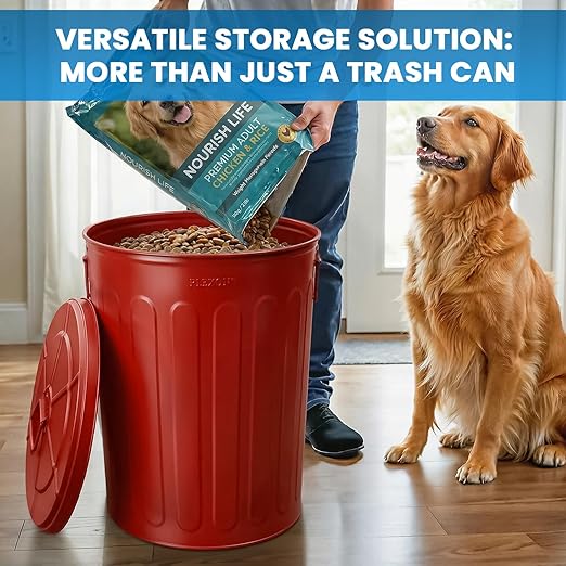 Plexon 20 Gallon Metal Trash Can with Lid Outdoor Large Trash Bin Steel Garbage Can for Garage Patio Farmhouse Bucket Bird Seed Storage Can Heavy Duty Round Container, Red 6 Pack