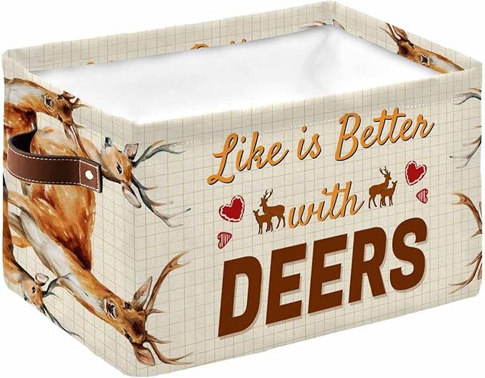 Deer Storage Bins Cubes Waterproof Cloth Storage Basket,Wildlife Animals Rustic Farmhouse Country Nature Elk Foldable Storage Bags for Shelf Clothes Storages Organizers with Handles 15x11x9.5 in 1PCS