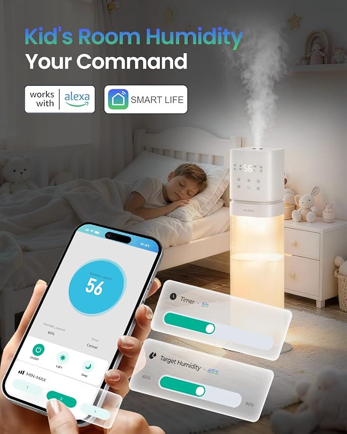 Humidifiers for Bedroom 2.1Gal/8L, Smart Humidifier for Large Room, Cool Mist Humidifiers for Home Kids Plants, Top Fill Humidifier with Extension Tube, WIFI APP & Voice Control, White
