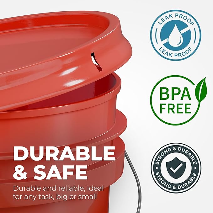 5-Gallon Red Bucket Pail Container with Lid | Metal Handles with Plastic Grip for Easy Carrying | Multi-Use | Easy Stack and Store | Heavy-Duty Extra Durable | Food Grade | BPA Free - 1 Pack