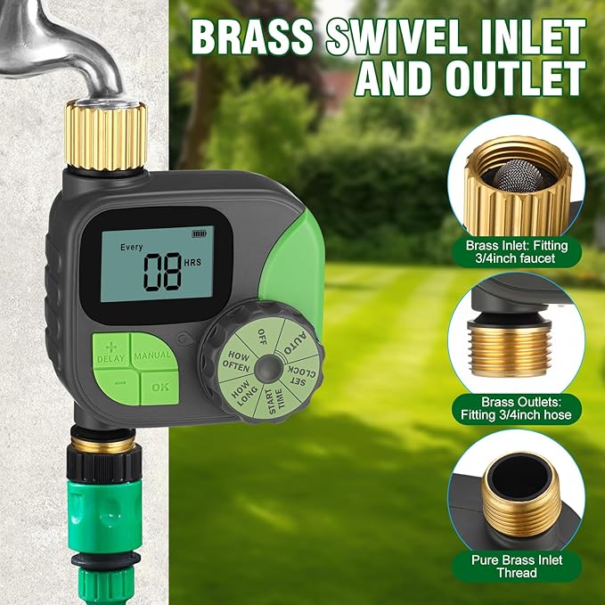 Kingdder Water Timer, Sprinkler Timer with Brass Inlet and Outlet Programmable Garden Hose Faucet with Rain Delay/Manual/Automatic Irrigation System for Yard Lawn IP54 Waterproof (1 Outlet)