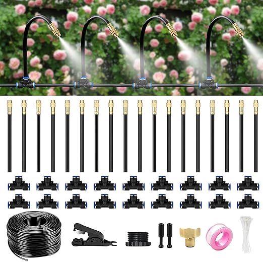 60FT Drip Irrigation System for Garden – Automatic Watering Kit with Solid Brass Metal Connectors, 360° Bendable Tubing &16 Adjustable Nozzles for Greenhouse, Lawn, Yard & Plants