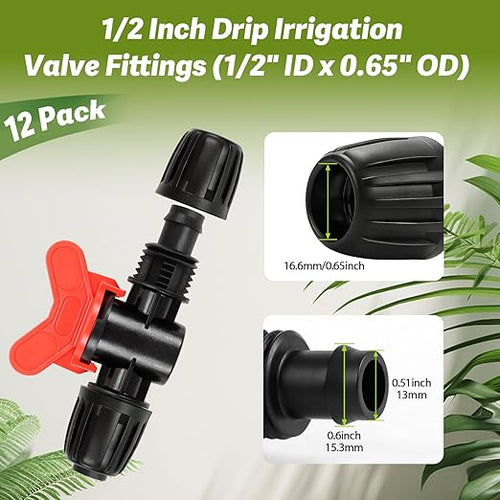 12 Pack 1/2 Inch Drip Irrigation Valve Fittings (1/2" ID x 0.6-0.65" OD), 1/2'' Dripline Barbed Shut Off Valve Connectors with Anti-Drop Lock Nuts for Garden Lawn Irrigation System Connection