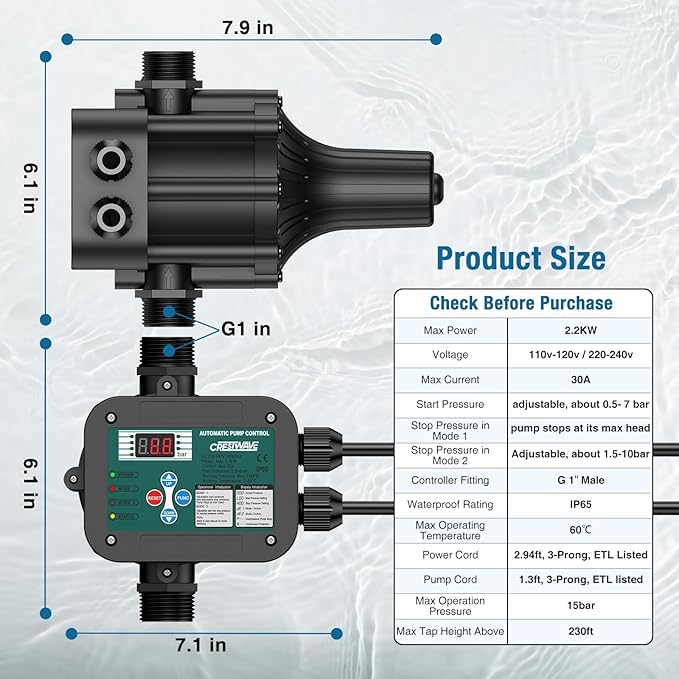 Smart Adjustable Pressure Switch for Well Pump, Automatic Water Pumps Switch, Dry-running Protection for Submersible/Shallow Well/Garden/Jet/Self-priming Pump, Power&Pump Cable Included