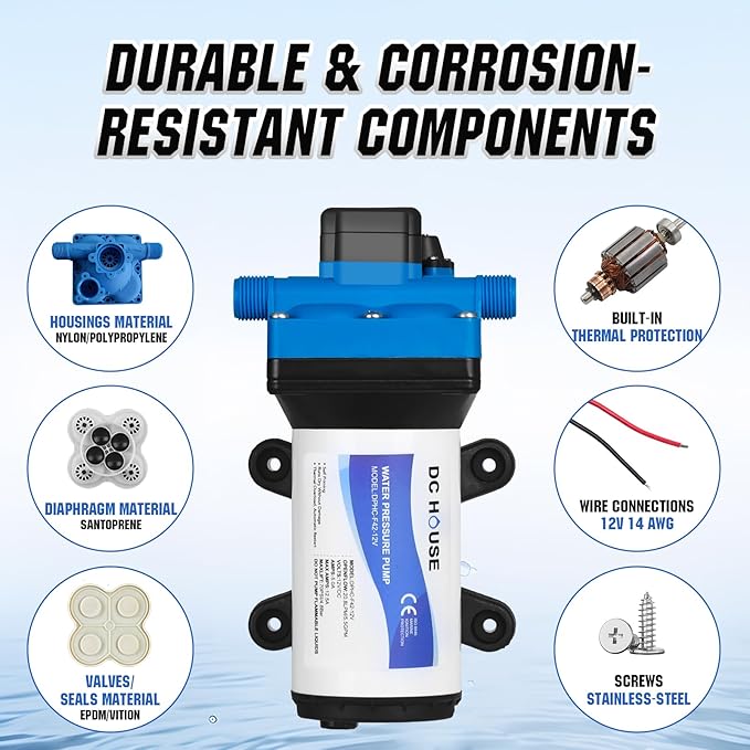 DC HOUSE 4-Chamber RV Water Pump 12V, 5.5GPM 70PSI High Pressure, Quiet Fresh Water Diaphragm Pump with On Demand Pressure Switch for Camper, Travel Trailer & Off-Grid Cabin