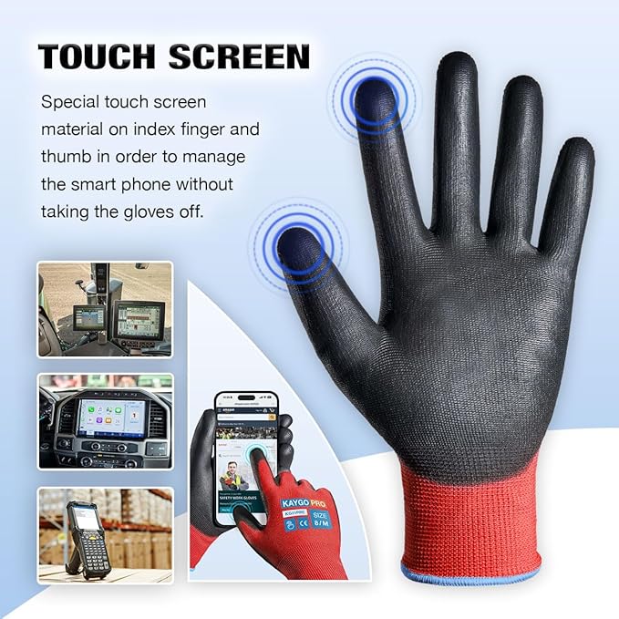 KAYGO Work Gloves PU Coated for Men and Women, 12 Pairs Safety Work Gloves with Two Fingers Touchscreen, Breathable and Lightweight,Ideal for Light Warehouse, Manufacturing, Gardening, KG11P (M, Red)