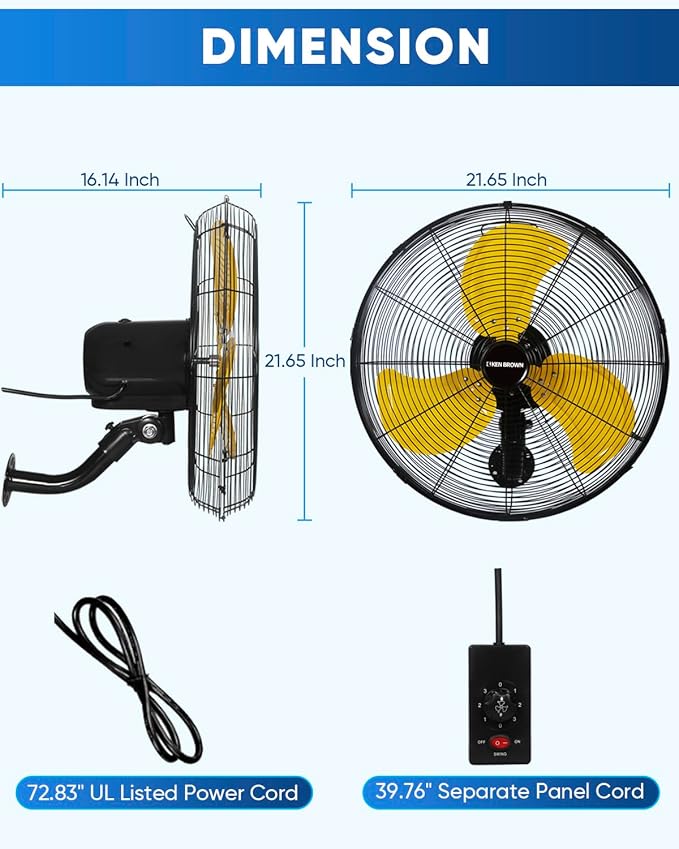 KEN BROWN 20 Inch Industrial Oscillating Wall Mount Fan, 4,460 CFM High Velocity Industrial Wall Fan for Indoor, Commercial, Residential, Warehouse, Greenhouse, Workshop, Basemen