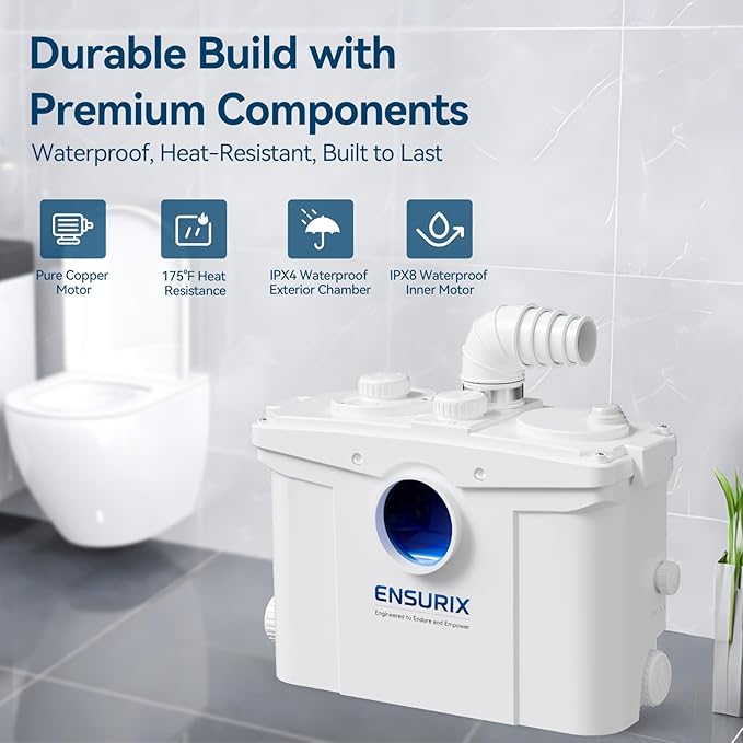 1200W Macerator Pump – 2800GPH, 28FT Vertical Lift Toilet Water Pump with Anti-Backflow, PCB Smart Control, IPX4 Waterproof, Macerator Pump Basement for Toilet, Sink, Bathroom etc.