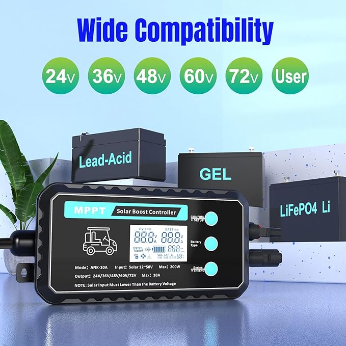 Waterproof 10A Boost MPPT Solar Charge Controller For36V/48V/60V/72V Lead-Acid, LiFePO4, Gel, Batteries Solar Charge 48 Volt Golf Cart Batteries,Electric Bike etc,Golf Cart Accessories