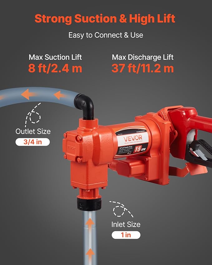 VEVOR Fuel Transfer Pump 110V, 15 GPM 57 L/min, AC Electric Oil Transfer Pump, with Auto Shut-Off Fuel Nozzle & Discharge Hose, High Flow Kit for Gasoline, Diesel, Kerosene, Biodiesel, Ethanol Blends