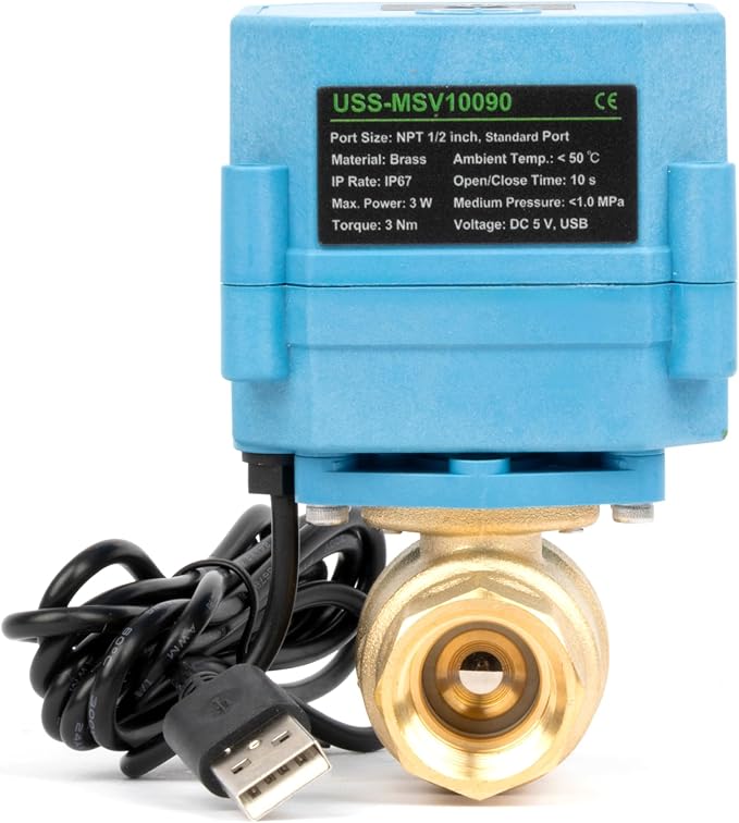 U.S. Solid WiFi Smart Motorized Ball Valve 1/2 inch NPT for Water Control & Irrigation, 2 Way Brass Electric Valve, USB Powered, LED Status Indicator, Flow Direction Window, Remote On/Off Control