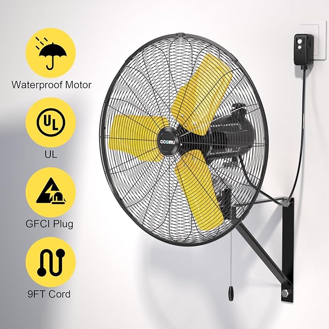 CCGIRU 9000 CFM 24" Outdoor Oscillating Wall Fan, High Velocity 3-Speed Waterproof Professional Outdoor Fan, Heavy Duty Industrial Wall Mount Fans for Patio, Commercial, Garage, Warehouse, UL Listed